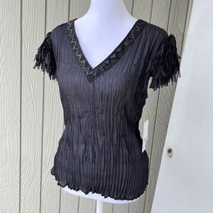 VTG NWT Kaelyn-Max Black Beaded Crinkle Top L Sheer Y2K Party Blouse Deadstock